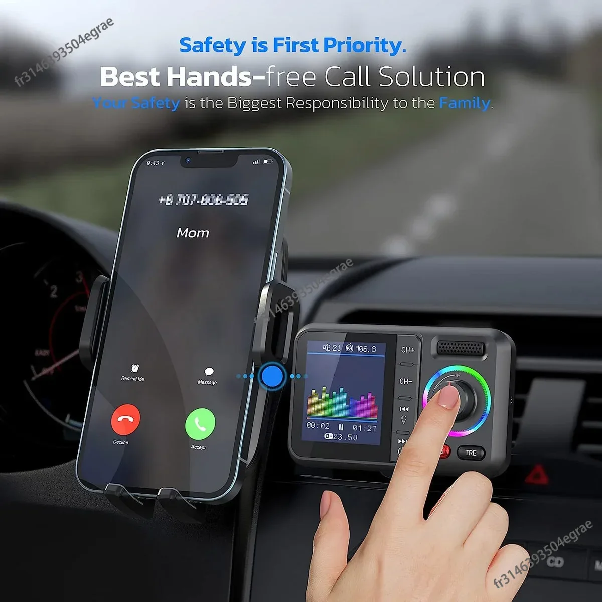 Fm Transmitter - เครื่องส่งสัญญาณ FM ไร้สายพร้อมหน้าจอสีขนาดใหญ่ ชาร์จเร็ว 2.4A QC3.0
